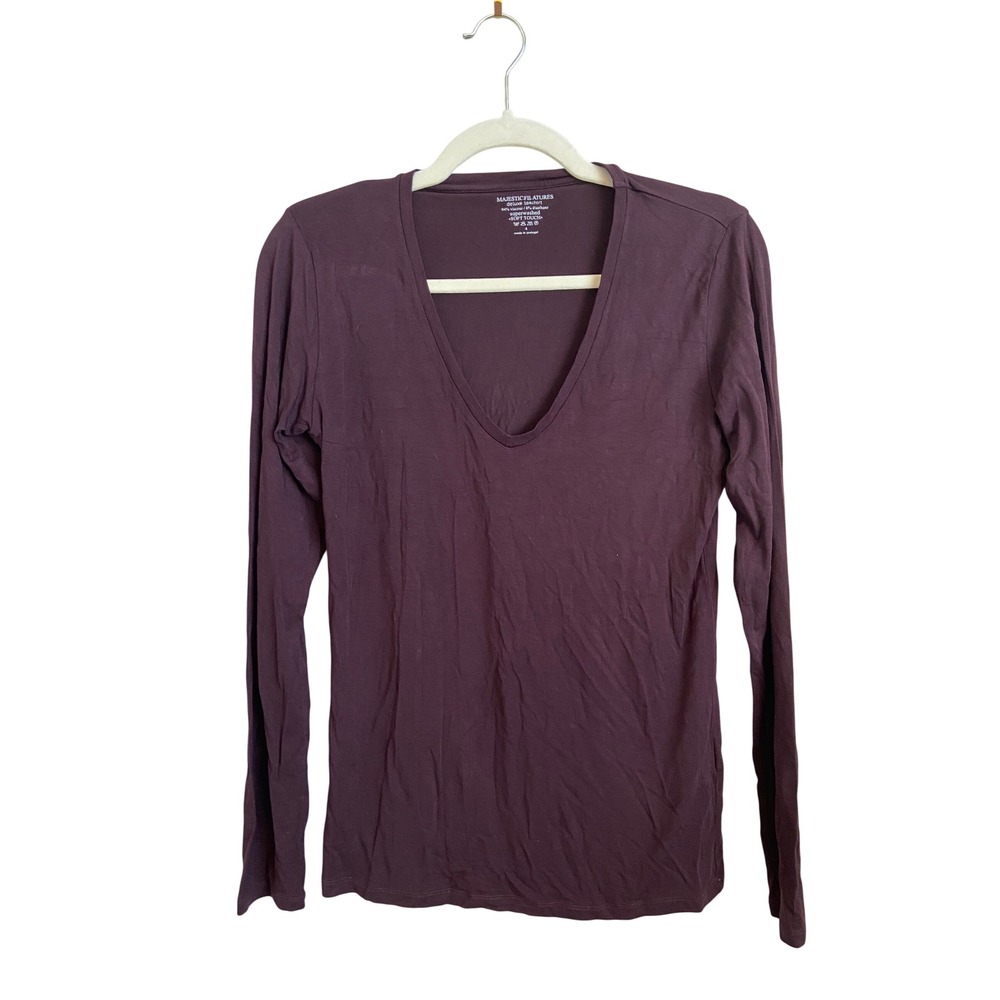 Majestic Filatures Deluxe Tee-Shirt Purple V-Neck Long Sleeve Soft Touch Size L